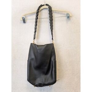 SevenDays Black Pebbled‎ Faux Leather Bucket Bag Braided Strap NWT